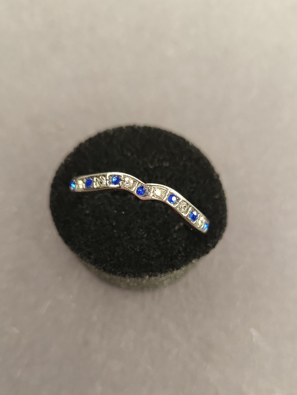 Silver Curved Bar Ring with Blue and Clear Stones